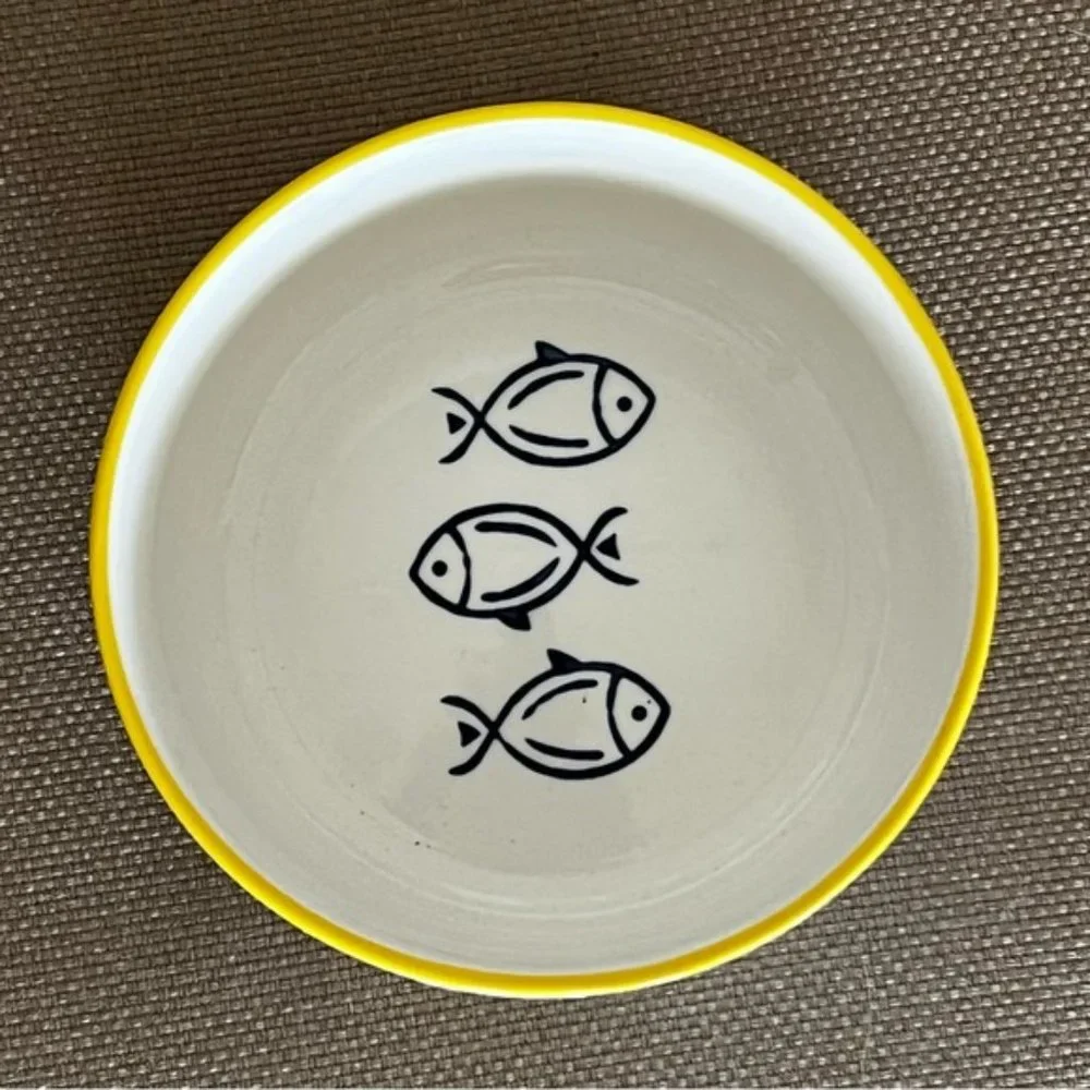 Large Ceramic white bowl with blue fish design. Like new, no scratches or chips.